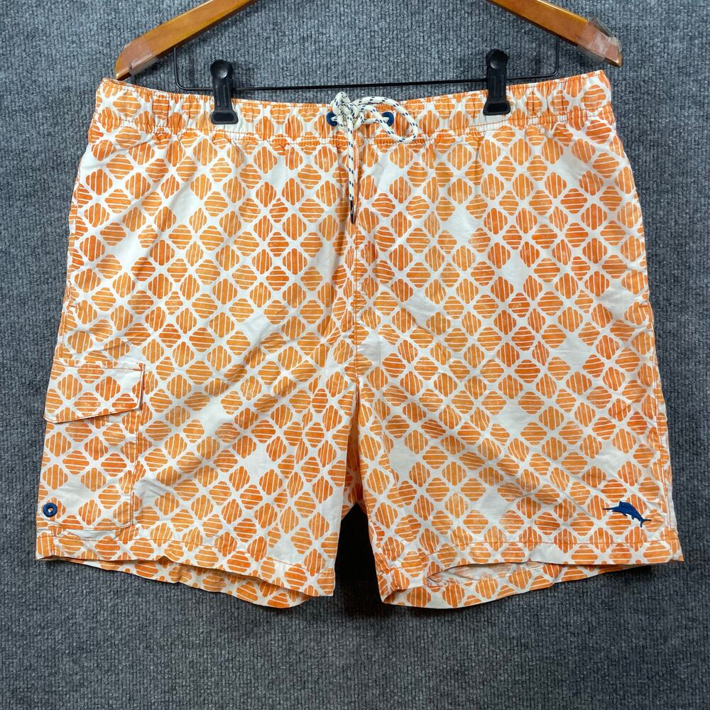 Tommy Bahama Relax Swim Shorts Men's XL Orange Geometric Allover Lined Beach